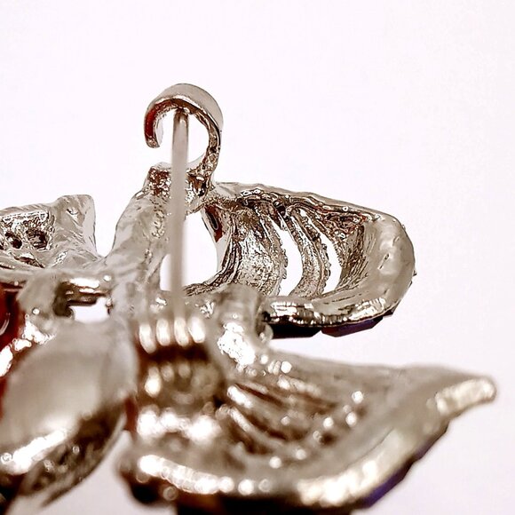 Vintage Bow Ribbon Brooch Silver-Tone Metal Blue Enamel Shiny Rhinestones Pin - Picture 6 of 11